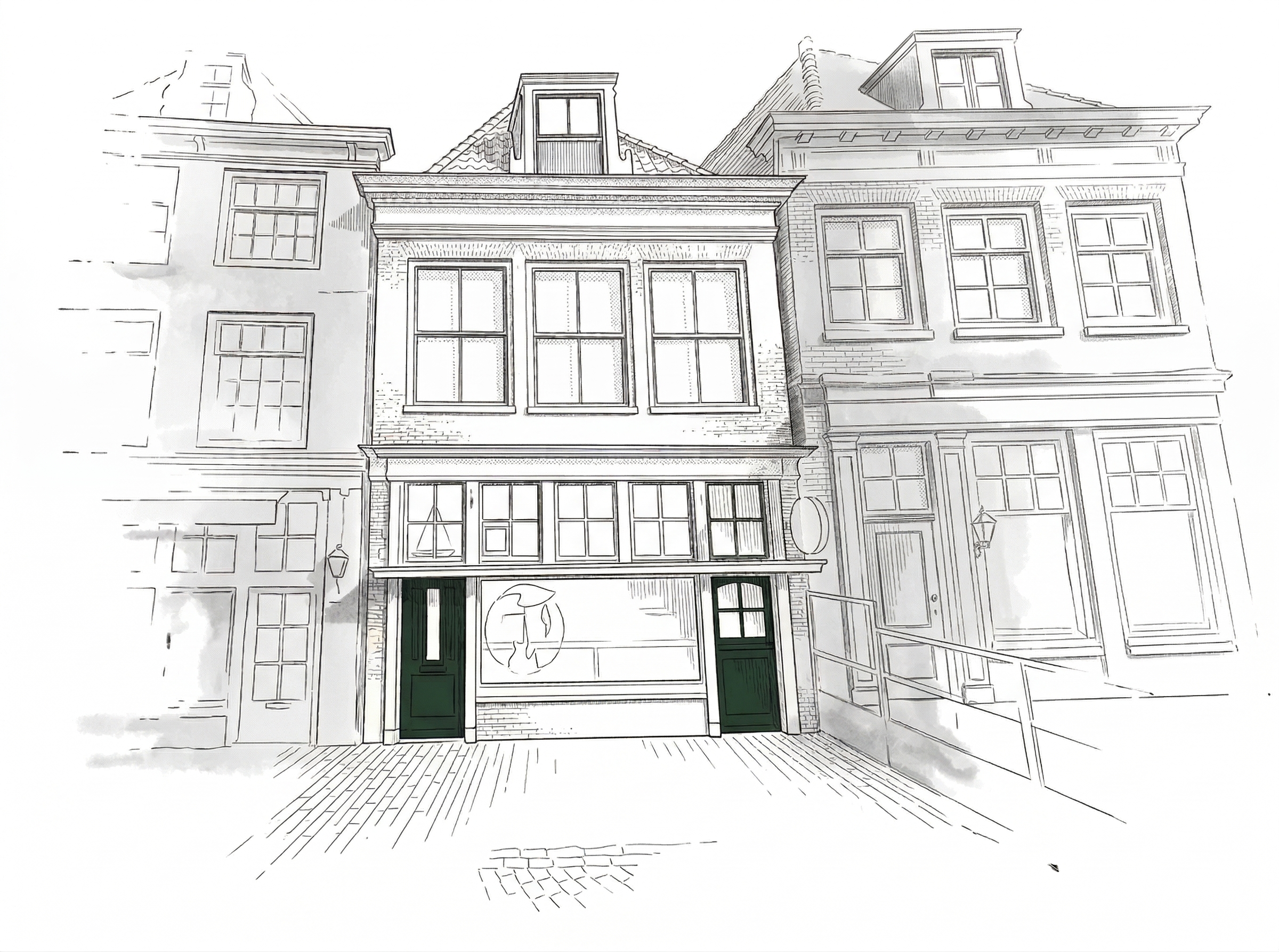 Historische pentekening van het gebouw